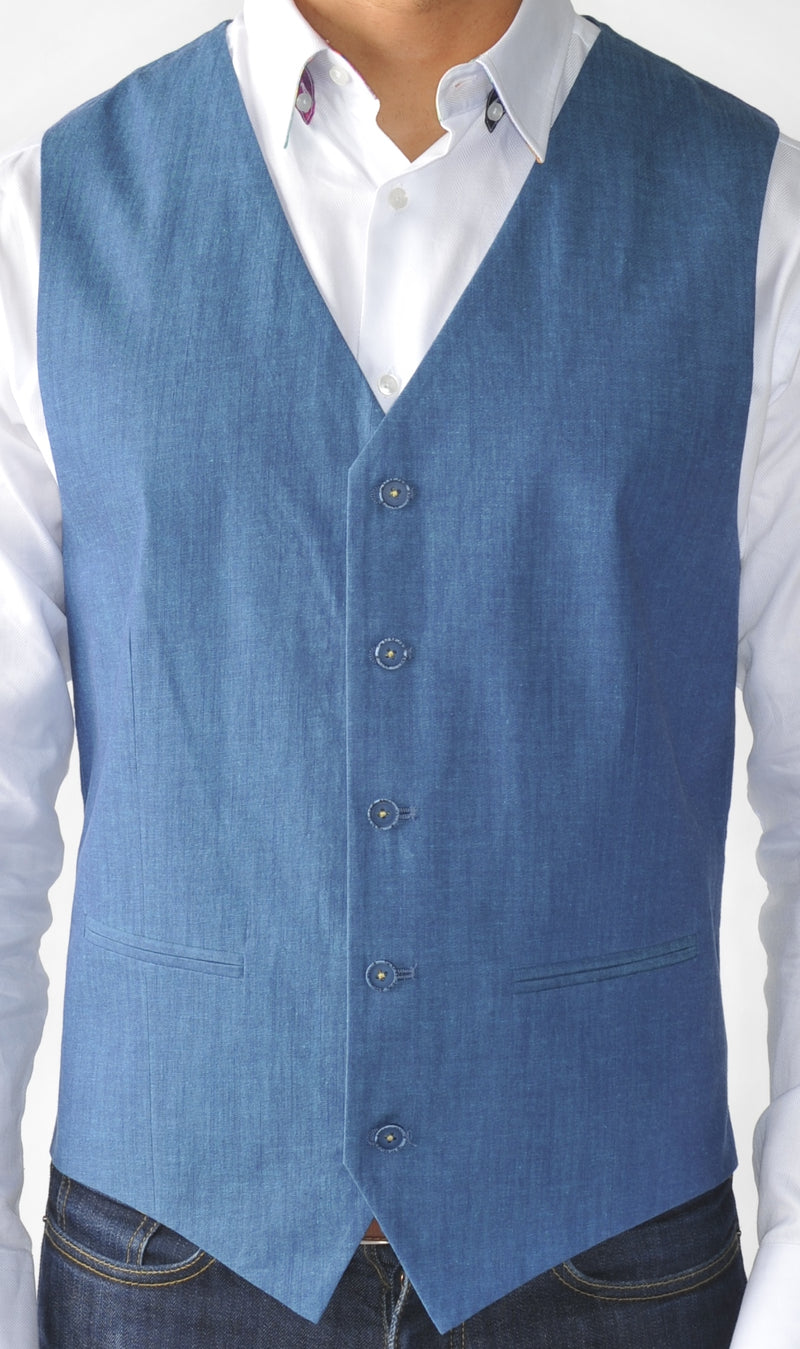 Blue Solid Button Down Vest